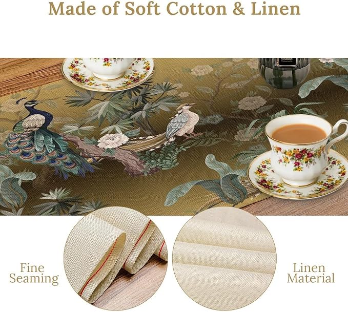 Peacock Table Runner Asian Chinese Traditional Birds Herons Peonies Flowers Dinner Runner Table Decoration for Home Kitchen Dining Table Party Decoration 13x60in