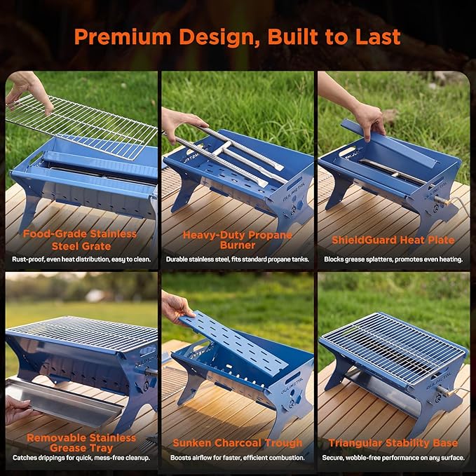 QuliMetal Portable Camping Grill, Foldable 3-in-1 Charcoal Wood Gas BBQ Grill with Carry Bag, Heavy-Duty Stainless Steel Fire Pit for Outdoor Cooking Backpacking Tailgating Patio Backyard