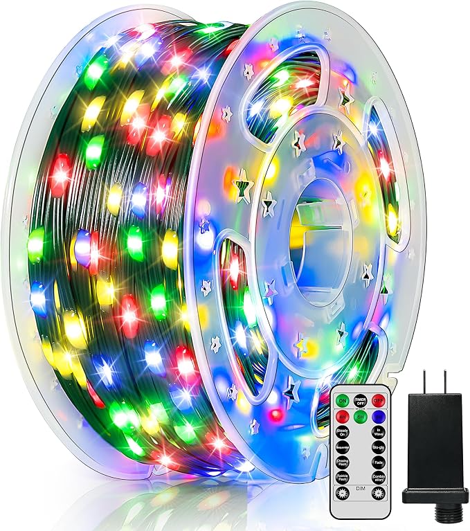 BrightChristmas 300 LED 98 FT Christmas Lights, Waterproof Outdoor String Lights with Remote and Timer, Christmas Tree Lights with 8 Modes Dimmable, Fairy Lights for Holiday Decor (Multicolor)