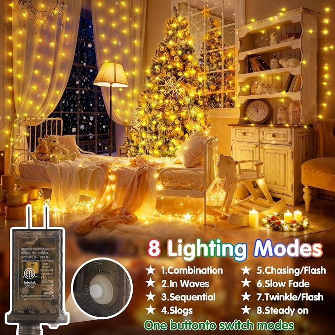 KNONEW 532FT 1600LED Green Wire Outdoor Fairy Lights Plug in Warm White | Timer,Memory,Dimmable,Remote,Waterproof,Green Wire,Invisible in Greenery,for Garden,Wedding,Party, Indoor/Outdoor, Christmas