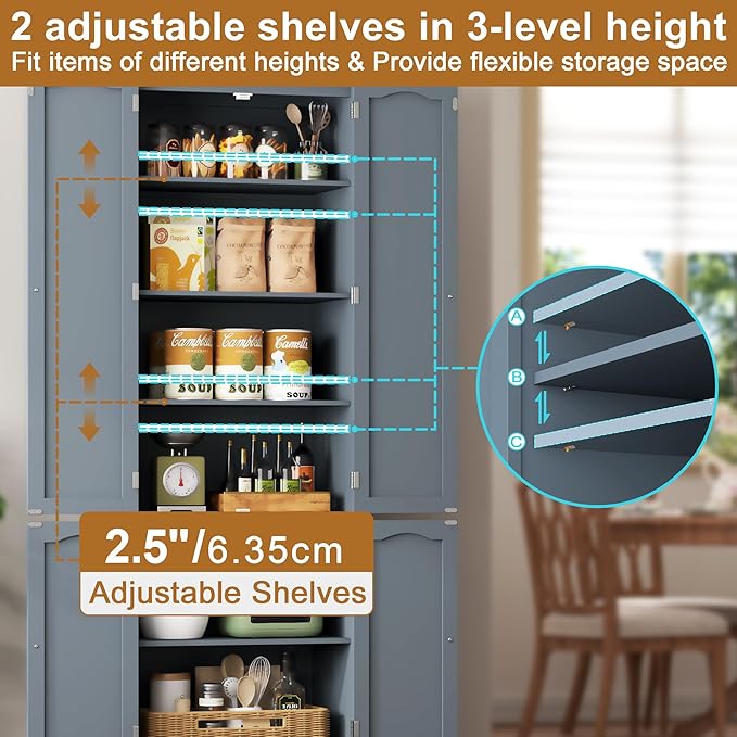 Function Home Tall Pantry Cabinet, Freestanding Storage Cabinet, Wooden Kitchen Pantry with 4 Doors and 5 Shelves, 72" Floor Cabinet Organizer for Kitchen Living Room Bathroom, Grey