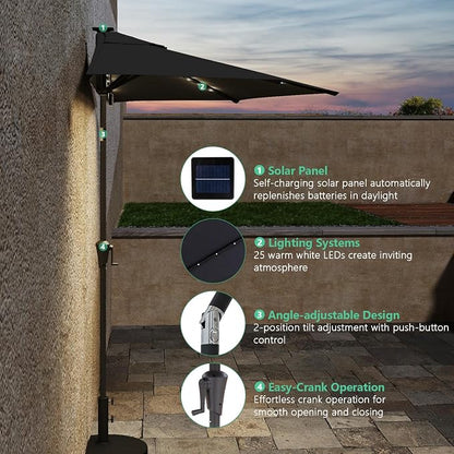 Helios&Hestia 9 ft Small Half Round Solar Powered Wall Outdoor Market Patio Umbrella with LED Lights and Tilt for Garden, Deck, Balcony