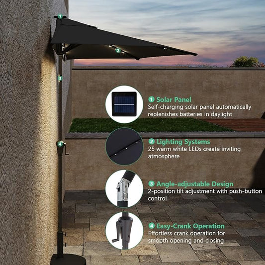 Helios&Hestia 9 ft Small Half Round Solar Powered Wall Outdoor Market Patio Umbrella with LED Lights and Tilt for Garden, Deck, Balcony