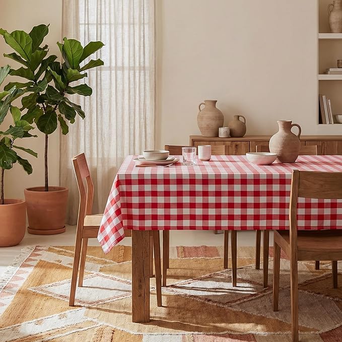 Red and White Gingham Tablecloth, Waterproof Outdoor Picnic Table Cover for Summer BBQ, Farmhouse Kitchen, Patio Dining, Reusable Machine Washable Checkered Table Cloth, W60 x L102 in