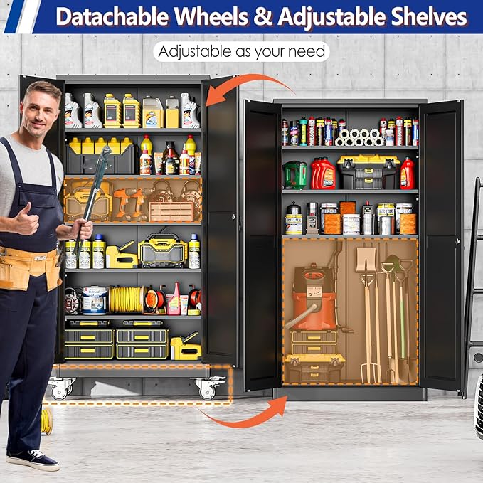 GAIOUS 73.6” Tall Metal Garage Storage Cabinet with Lock, Steel Tool Cabinet with 5 Adjustable Shelves, New Upgrade Lockable File Cabinet with Wheels, Organization for Home Office Garage Gym - Black