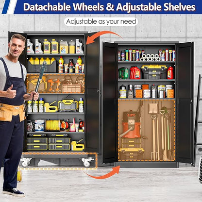 GAIOUS 73.6” Tall Metal Garage Storage Cabinet with Lock, Steel Tool Cabinet with 5 Adjustable Shelves, New Upgrade Lockable File Cabinet with Wheels, Organization for Home Office Garage Gym - Black
