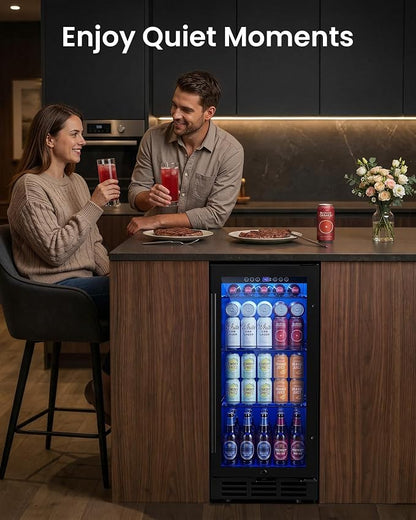 15 Inch Beverage Refrigerator 130 Cans | Under Counter Glass Door | 15 in beverage refrigerator, 130 cans, glass door, LED, lock, built-in or freestanding, quiet cooling for home, bar, kitchen