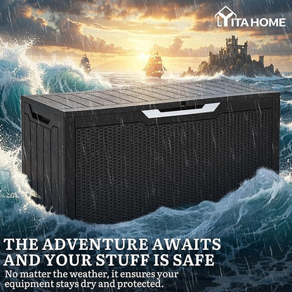 YITAHOME 80 Gallon Outdoor Storage Box, Large Water Resistant Resin Deck Box, Indoor Outdoor Lockable Rattan Storage Container for Patio, Garden, Cushions, Tools, Equipment (Black)