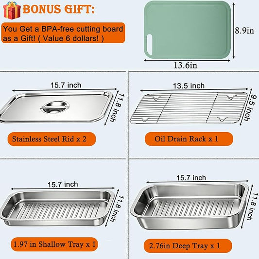 Grill Prep Tray & Serving Tray Set with Lids –5-Piece Grill Carry System for Marinating, Carrying & Serving, Stainless Steel BBQ Trays, BBQ Prep Grill Pan with 2 Lids and 1 Rack