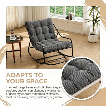 Outdoor Rocking Chairs, Metal Frame Outdoor Rocker with Footrest, Comfy Oversized Patio Chair with Thick Cushion, Reading Glider Lounge Chair for Living Room, Bedroom, Garden, Relax, Gray