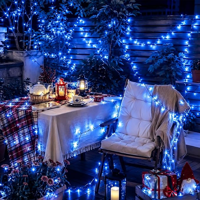 YEGUO Solar String Lights Outdoor Waterproof, 2 Packs Each 33ft 100 LED Blue Lights, 8 Modes Twinkle Light for Christmas Tree Outside Garden Yard Xmas Decor