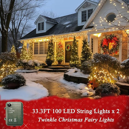 Pooqla 2 Pack Battery Powered String Lights, Total 66.6 FT 200 LED Christmas String Lights Indoor Outdoor Decoration, Twinkle Fairy Light for Classroom Dorm Bedroom Xmas Tree Party Decor, Warm White