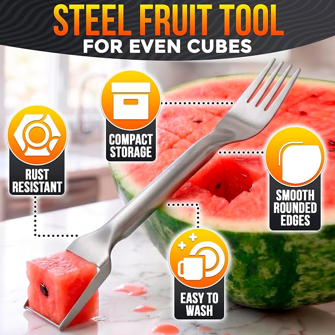 2Pcs Stainless Steel Watermelon Cutter Slicer Tool 2-in-1, Even Cuts | Watermelon Slicer Tool & Serving Fork in One; Slices Cubes Mess-Free; for Melon, Cantaloupe & Dragon Fruit; Summer Parties