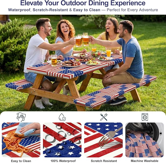 Picnic Table Cover with Bench Covers Windproof Waterproof Picnic Table Covers Camping Tablecloth with Self-Storage Bag, 72in, Multi Flag Patchwork