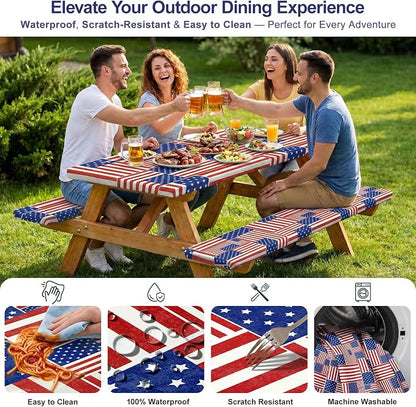 Picnic Table Cover with Bench Covers Windproof Waterproof Picnic Table Covers Camping Tablecloth with Self-Storage Bag, 72in, Multi Flag Patchwork