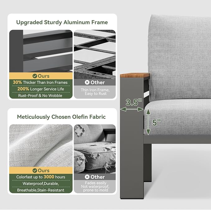 Aoxun Patio Furniture Set, Aluminum Patio Set with Fire Pit Table and 5" Thicken & Washable Cushion, Waterproof Outdoor Furniture, Outdoor Couch Sectional for Backyard (7 Seats/F, Grey)
