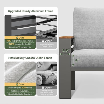 Aoxun Patio Furniture Set, Aluminum Patio Set with Fire Pit Table and 5" Thicken & Washable Cushion, Waterproof Outdoor Furniture, Outdoor Couch Sectional for Backyard (7 Seats/F, Grey)