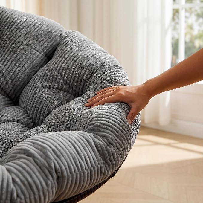 Cushion Papasan Swivel Chair, Ergonomic Wicker Round Chair with Thick Padding, Oversized Swivel Wicker Accent Chairs for Living Room, Bedroom, Reading Room, Balcony, Brown Frame, Gray
