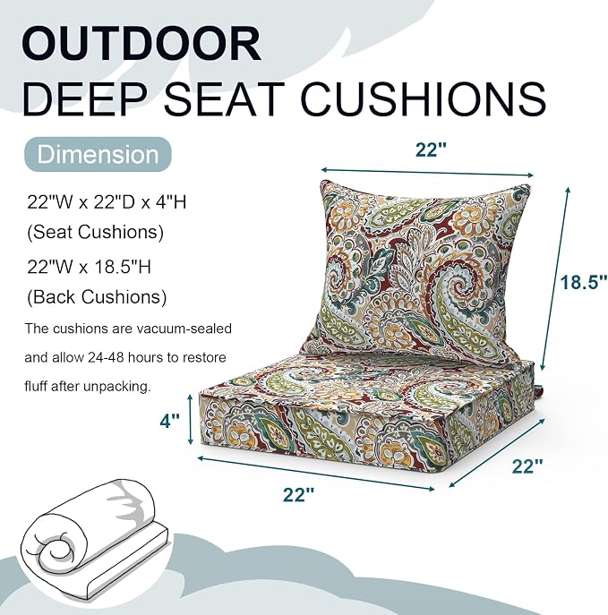 DYTXIII Outdoor Deep Seat Cushion Set, Water Repellent 22"x22" Patio Thick Cushions Replacement with Seat & Back Pillow for Patio Sofa, Wicker Chair, Couch - Paisley Chilli