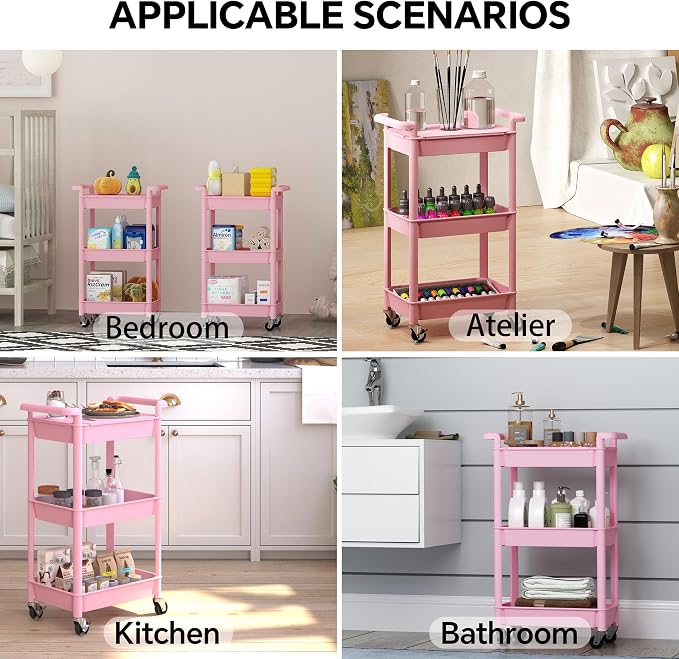 Steehoom 3-Tier Utility Rolling Cart with Cover Top Board, Mobile Utility Cart with Lockable Casters Multi-Functional Storage Trolley for Office, Bathroom, Kitchen, Garden, Laundry Room (Pink)