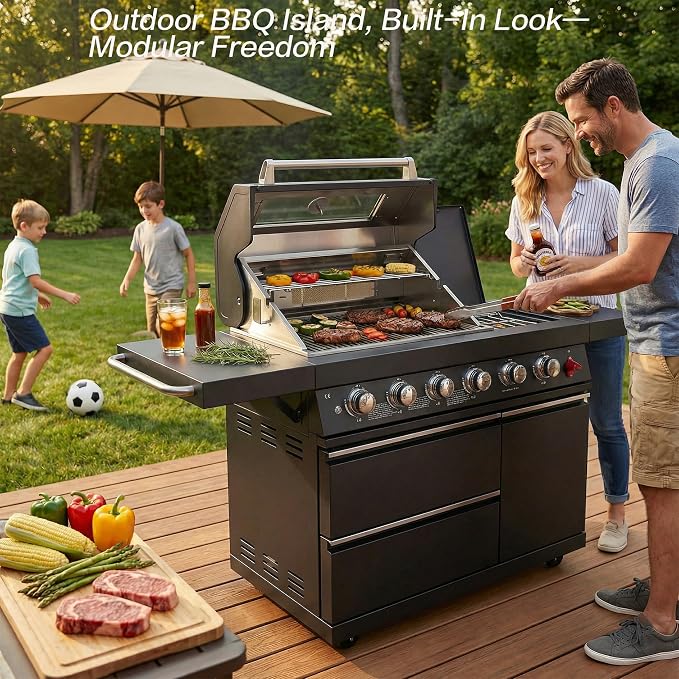 46" Outdoor BBQ Island Grill (No Sink/Fridge), 75,300 BTU 4 Burners + Side Burner, Infrared Rear Burner, LP/NG Convertible, Granite Top, Rotisserie, Stainless Steel Outdoor Kitchen Island