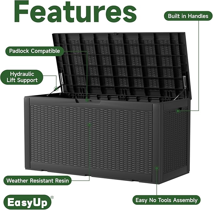 120 Gallon Outdoor Deck Box, Resin Waterproof Storage Box With Lockable Lid, UV-Resistant Multi-Purpose Outdoor Storage Bench for Patio Cushions, Garden Tools, Pool Accessories (120 Gallon, Black)
