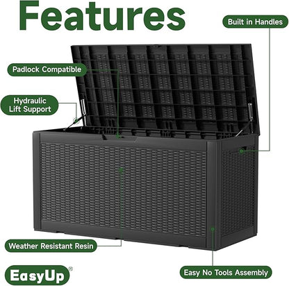 120 Gallon Outdoor Deck Box, Resin Waterproof Storage Box With Lockable Lid, UV-Resistant Multi-Purpose Outdoor Storage Bench for Patio Cushions, Garden Tools, Pool Accessories (120 Gallon, Black)