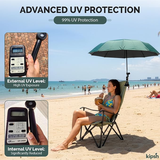 Chair Umbrella with Universal Clamp (Dark Green) | UPF 50+ UV Protection, Clip-on Outdoor Sports Umbrella for Beach Stroller Pool Camp, Compact Lightweight Portable Shade