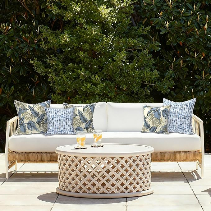 LVTXIII Set of 2 Patio Throw Pillows Waterproof 20"x20" Fade Resistant Outdoor Throw Pillows with Inserts, Fluffy Decorative Garden Toss Pillow Cushions for Home Patio Coach Sofa Use, ‌Lush Palm Blue