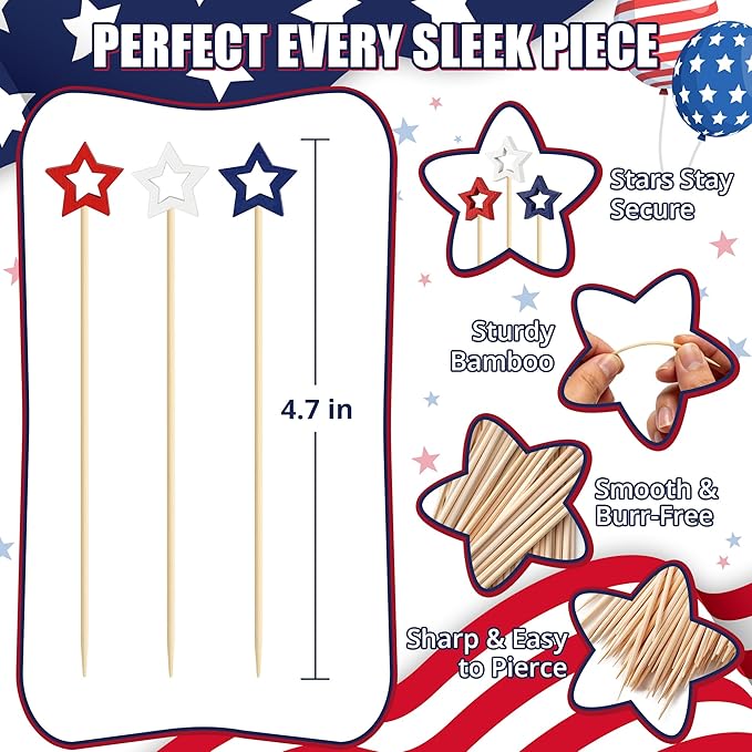 4th of July Cocktail Picks, Red White Blue Star Toothpicks for Appetizers Food Drinks, 4.7 IN Bamboo Fruit Skewers Charcuterie Sticks, Independence Memorial Day Patriotic Party Decorations Supplies