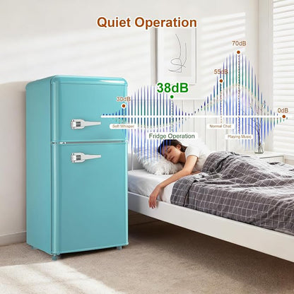Retro Mini Fridge with Freezer 4.0 Cu. Ft, Small Refrigerator with 7 Level Adjustable Thermostat, Compact Classic Dual Door Fridge Removable Glass Shelves for Apartments, Dorm, Office, Mint Green | 7 Level Adjustable Thermostat, Compact Classic Dual Do...