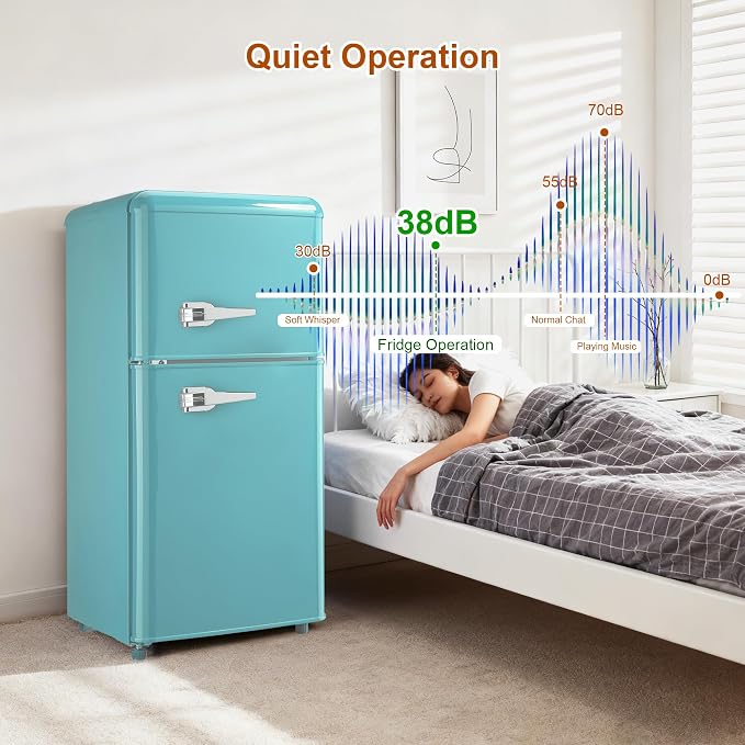Retro Mini Fridge with Freezer 3.5 Cu. Ft, Small Refrigerator with 7 Level Adjustable Thermostat, Compact Classic Dual Door Fridge Removable Glass Shelves for Apartments, Dorm, Office, Mint Green