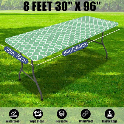 Smiry 2 Pack Rectangle Table Cloth 8 Foot, Waterproof Elastic Fitted Tablecloths, Windproof Washable Polyester Table Cover for Picnic, Camping, Outdoor (Sage Green, 30"x96")