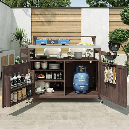 Outdoor Kitchen Island with Raised Shelf,Solid Wood Storage Cabinet with Stainless Steel Top,Outdoor Rolling Grill Cart with Internal Storage Rack, Adjustable Shelf,Spice Rack (Brown#028)