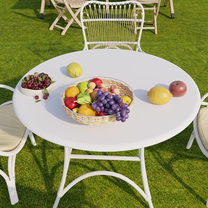 Romanstile Round Fitted Vinyl Tablecloth with Elastic Edge 100% Waterproof | Table Covers for 36"- 44" Tables, Wipeable Flannel Backed Plastic Table Cloths for Dinner, Picnic, Camping, Outdoor, White