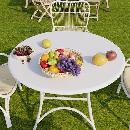 Romanstile Round Fitted Vinyl Tablecloth with Elastic Edge 100% Waterproof | Table Covers for 36"- 44" Tables, Wipeable Flannel Backed Plastic Table Cloths for Dinner, Picnic, Camping, Outdoor, White