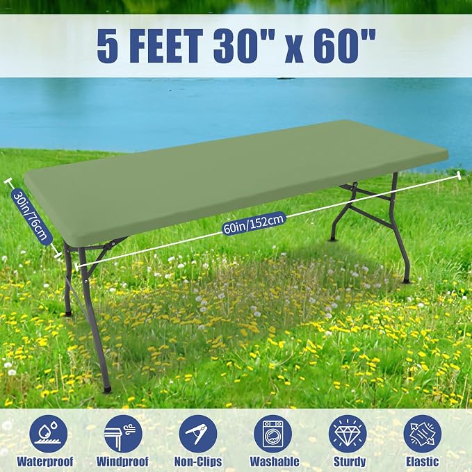 Moosfor Spandex 5 Foot Rectangle Table Cloth, Elastic Fitted Tablecloths for Picnic, Stretch Washable Patio Table Cover for Outdoor, Camping, Banquet and Parties (Sage Green, 30"x60")