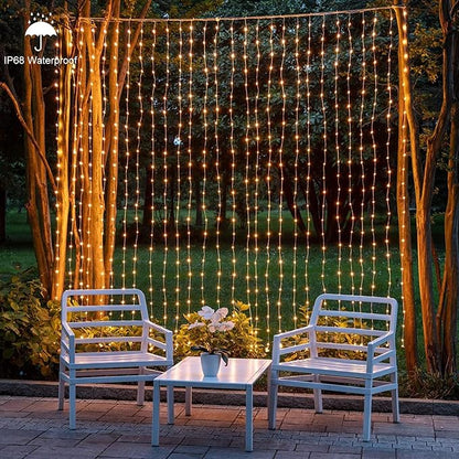 1200 LED Curtain Fairy Lights 10Ftx10Ft with Timer Remote Control Plug in | 8 Modes Curtain Lights Outdoor Waterproof Christmas String Lights forBedroom Backdrop Wedding Party Decoration, Warm White