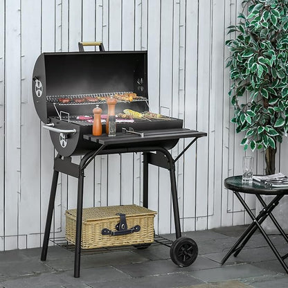 GOWE 30" Portable Barrel Charcoal BBQ Grill, Steel Outdoor Barbecue Smoker with Storage Shelf, Wheels for Garden Camping Picnic, Black