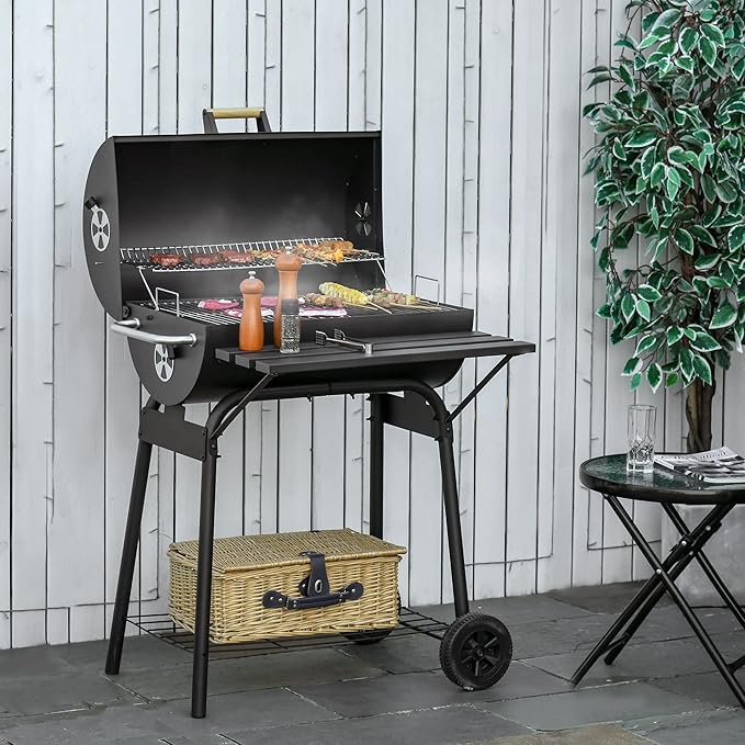 30" Portable Barrel Charcoal BBQ Grill, Steel Outdoor Barbecue Smoker with Storage Shelf, Wheels for Garden Camping Picnic, Black