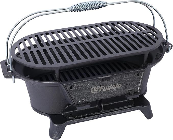 Oval Cast Iron Charcoal Grill, Portable Hibachi Grill with Skillet, 100% Cast Iron, Durable Outdoor Camping Stove, Black (Black-19.6×10.6)