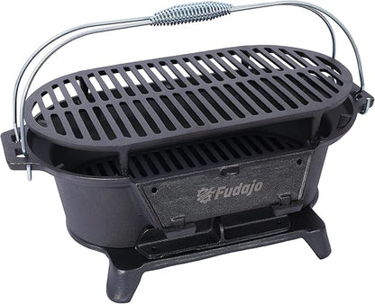 Oval Cast Iron Charcoal Grill, Portable Hibachi Grill with Skillet, 100% Cast Iron, Durable Outdoor Camping Stove, Black (Black-19.6×10.6)