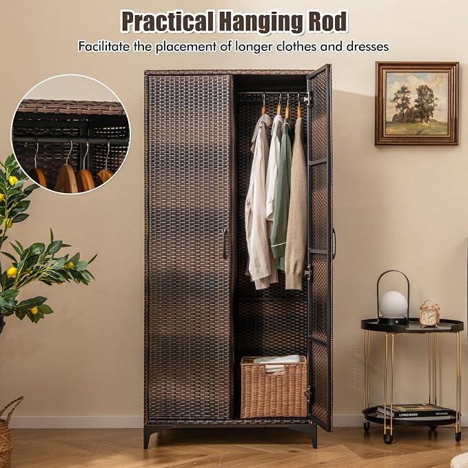 Giantex Wicker Storage Cabinet, 62” Tall Pantry Cabinet with 2 Doors, Hanging Rod, 4 Storage Cubes, Metal Legs, Anti-Tipping Device, PE Rattan Storage Cabinet for Home Office, Garage Cabinets (Brown)