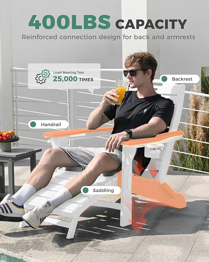 Adjustable Adirondack Chairs Set of 2 with Retractable Ottoman, HDPE Folding Adirondack Chair with Cup Holders, Weather Resistant for Backyard, Poolside & Fire Pit (White)