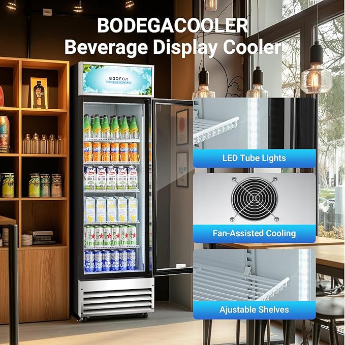 BODEGACOOLER Commercial Merchandiser Refrigerator, 12.5 Cu.Ft Glass Door Display Cooler, Upright Beverage Refrigerator with Soft LED Light, Adjustable Shelves, 4 Heavy-Duty Stainless Steel Casters
