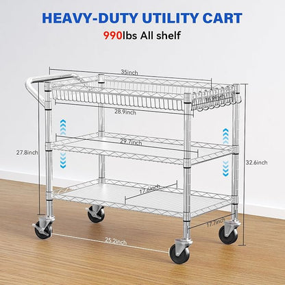 YNN Chrome Utility Rolling Cart,990Lbs 3 Tier Heavy Duty Metal Cart with Wheels & Handle NSF Wheeled Cart 31" D x 18" W x 33" H for Bedroom, Bathroom, Kitchen,Garden,Decor,Serving