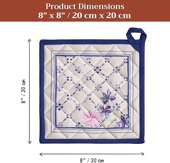 Maison d' Hermine Pot Holders 100% Cotton Heat Resistant Potholders 8" x 8" Hot Pads with Loop BBQ Cooking Baking Hotel Farmhouse Kitchen Handling Hot Pans Spring Summer (Pack of 2, Faience)