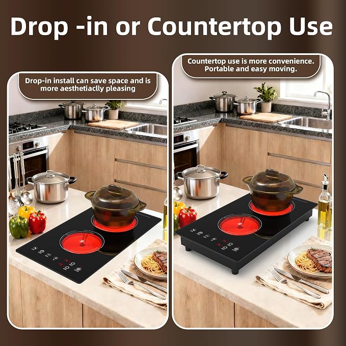 VBGK Electric Cooktop,110V 2100W Electric Stove Top with LED touch Control,9 Power Levels, Kids Lock & 4H Timer,Overheat Protection stove,12 Inch 2 burner cooktop