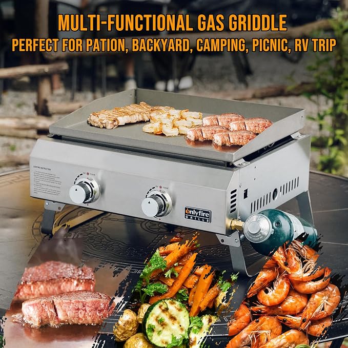 ONLYFIRE GRILLS Tabletop Gas Griddle 2 Burners, Propane Gas Stove, GS319 | Portable Flat Top Griddle for 1lb/20lb Propane, Outdoor Cooking Patio BBQ Camping Tailgating RV, Stainless Steel 16000BTU