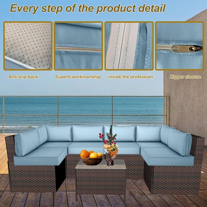 14 Piece Outdoor Patio Cushion Cover Replacement, Waterproof Patio Cushion Covers, Outdoor Furniture Cushion Covers Set for 6 Seat Wicker Rattan Sofa (Light Blue)